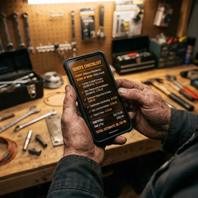 Hands holding phone showing a quote checklist
