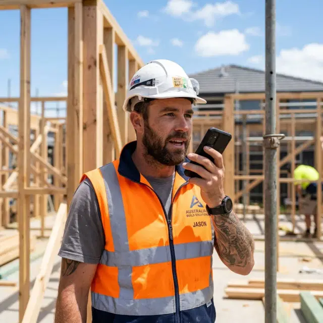 Tradie speaking into phone on a construction site