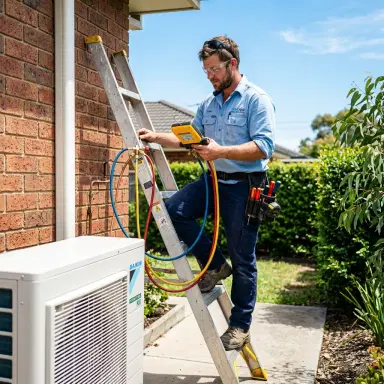 HVAC technician servicing a split system AC unit