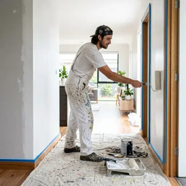 Australian painter rolling paint on an interior wall