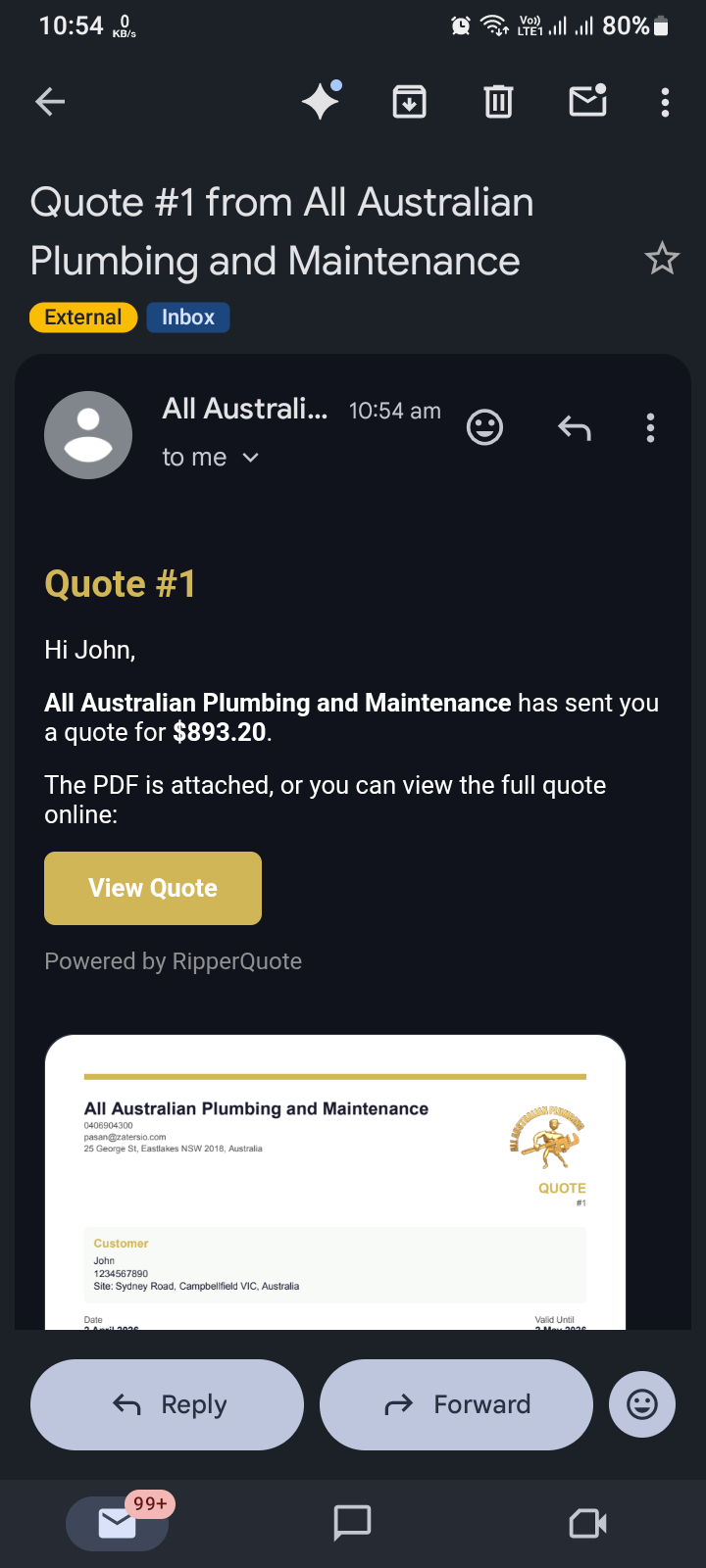Customer receives quote via email