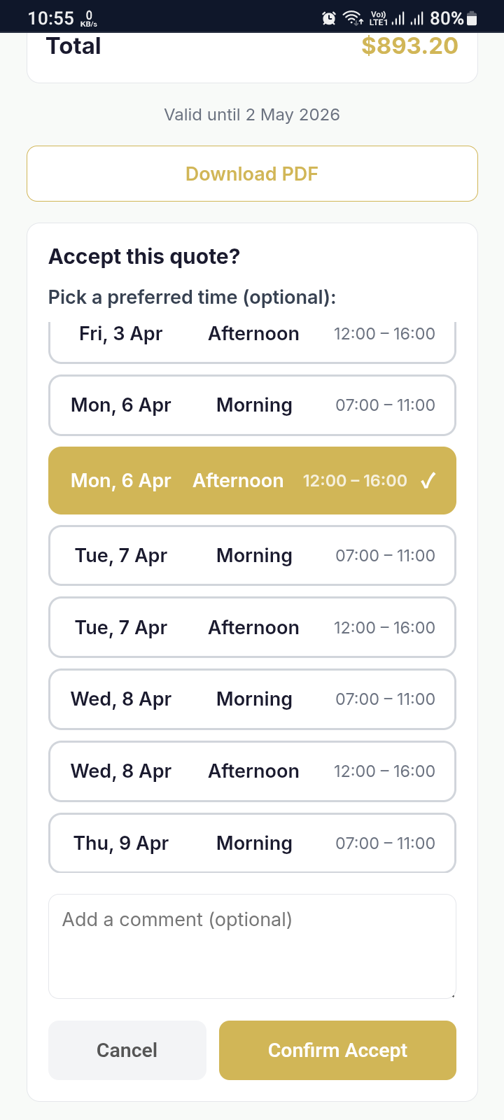 Customer accepts or requests changes to the quote