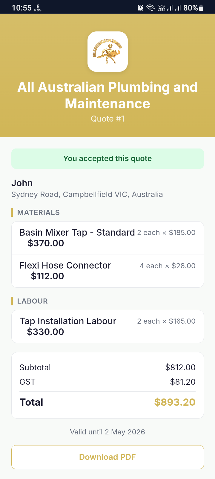 Quote accepted and job confirmed